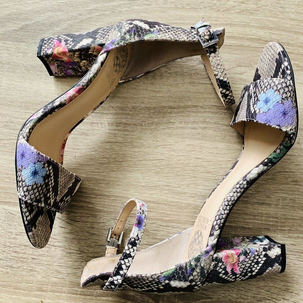 Vince Camuto Corlina Snake Print Floral Ankle Strap Heels